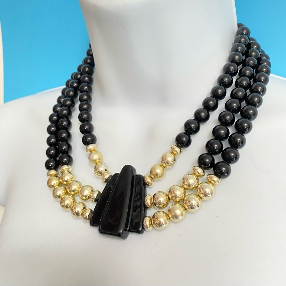Vintage Black & Gold Triple Strand Acrylic Beads Necklace